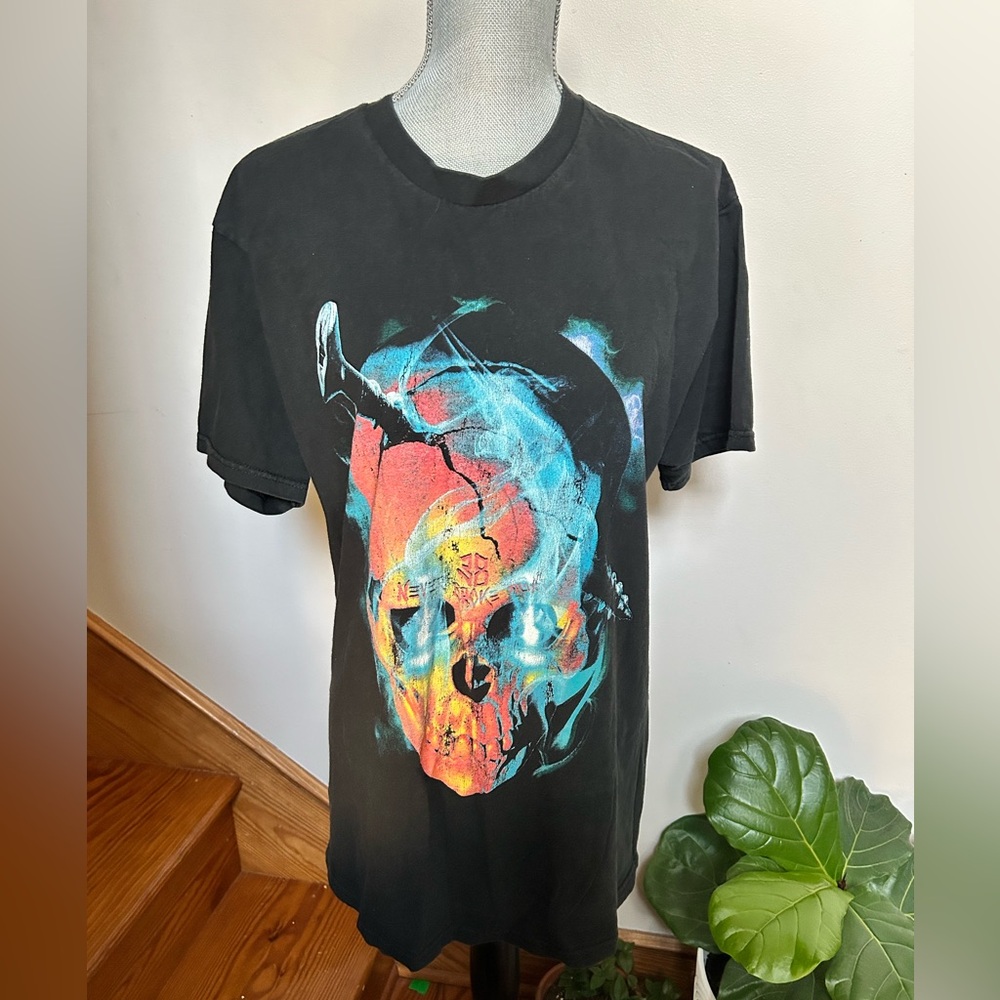 NBA Youngboy Black Graphic Skull Tee with Neon Blue & Orange Print